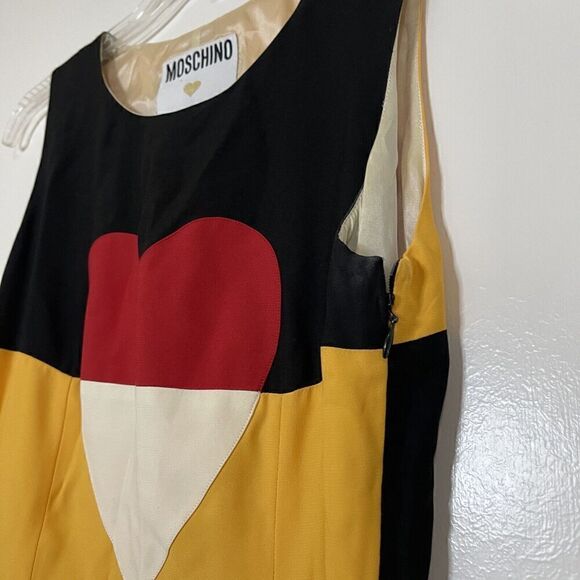 Vintage 1992 Moschino Couture Heart shape color block yellow black shift dress - Picture 8 of 9